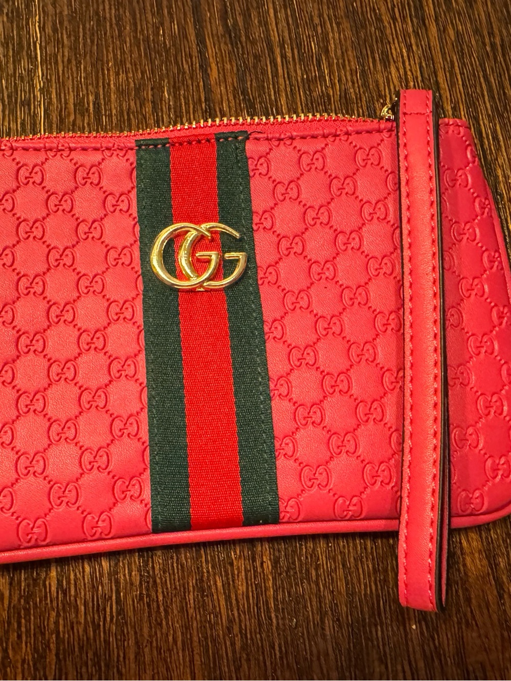 GG Wristlet with Green-Red Web Stripe hot pink